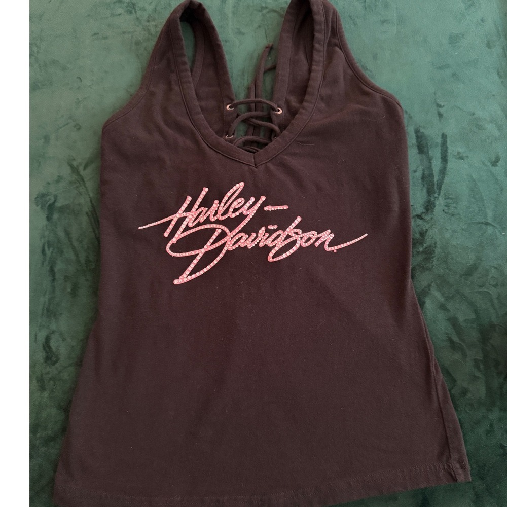 Harley Davidson Pink Label Lace Up Back Tank Top Womens S Black Rhinestone